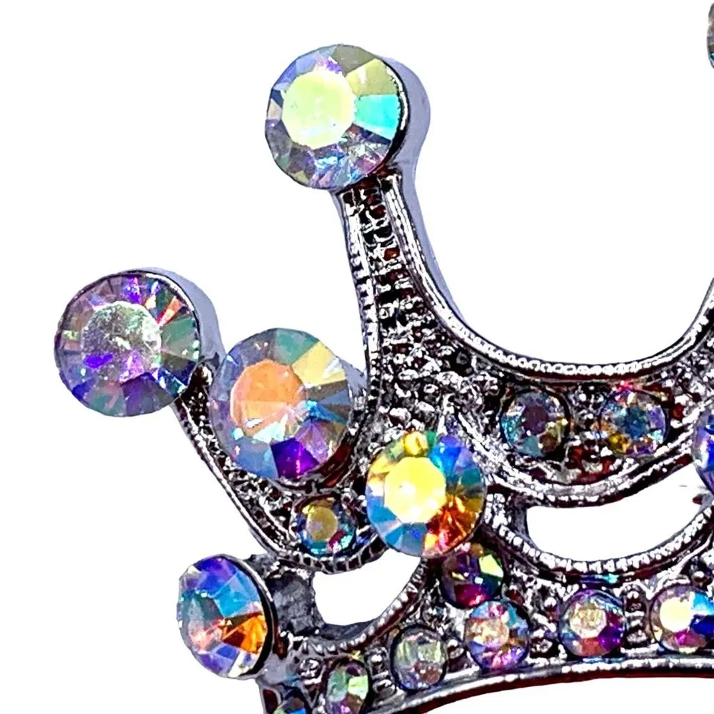 Vintage Style Princess Crown Brooch Pin Aurora Borealis Rhinestones Silver Tone - Picture 4 of 7